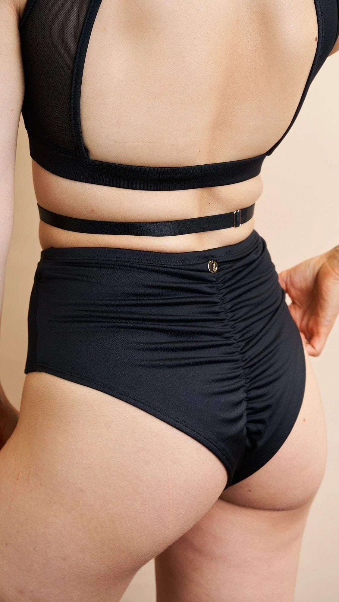 lunalae loretta mesh cut out high waist shorts recycled black