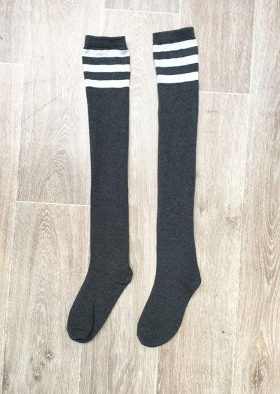 lunalae thigh high socks charcoal/white stripes