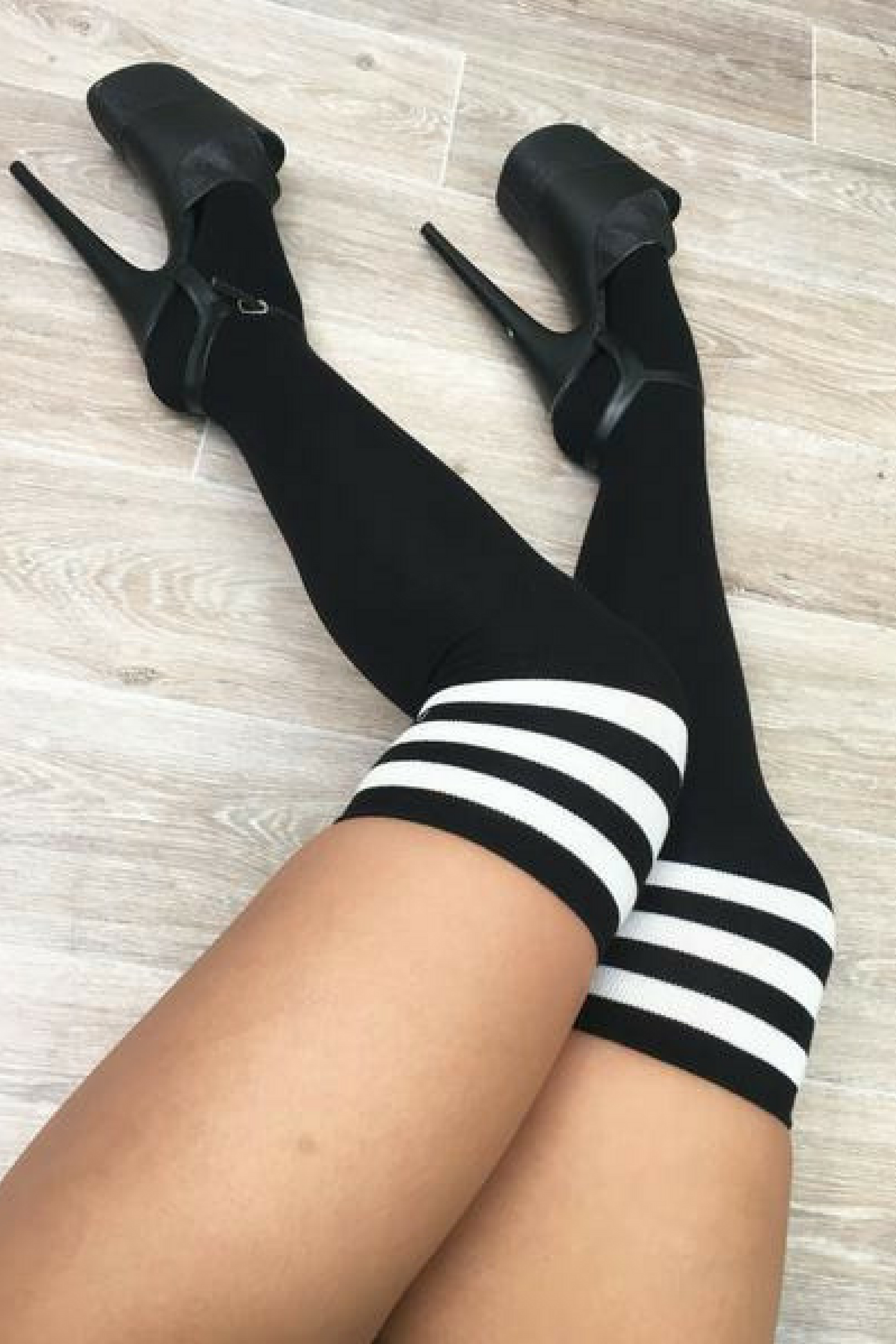 Lunalae - Thigh High Socks - Black with White Stripes – Pole Werk