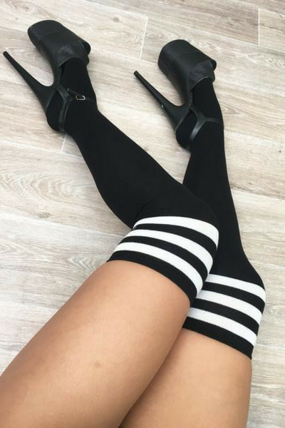 lunalae thigh high socks black/white stripes