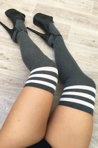 lunalae thigh high socks charcoal/white stripes